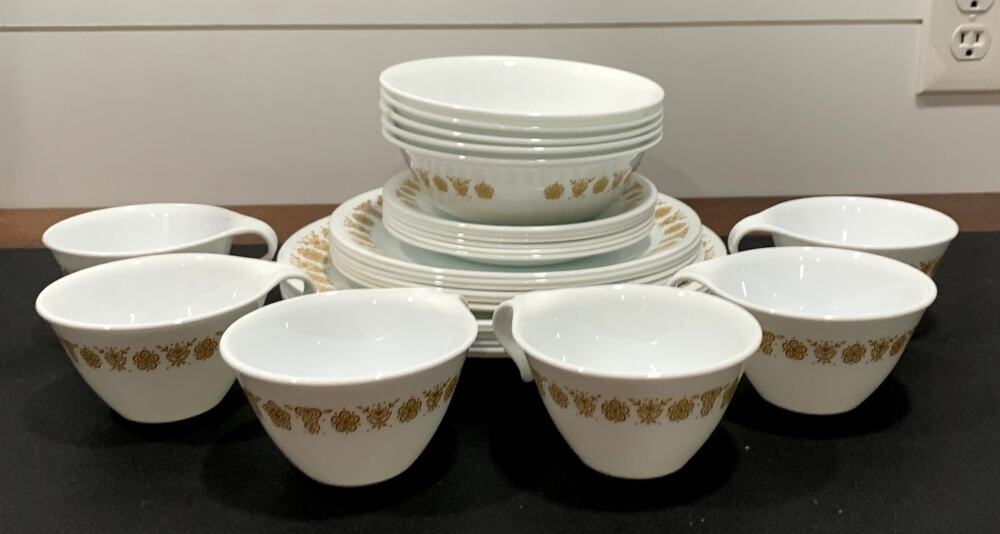 Vintage Corelle Butterfly Dishes Setting for 6 Gold Plates Bowls Cups